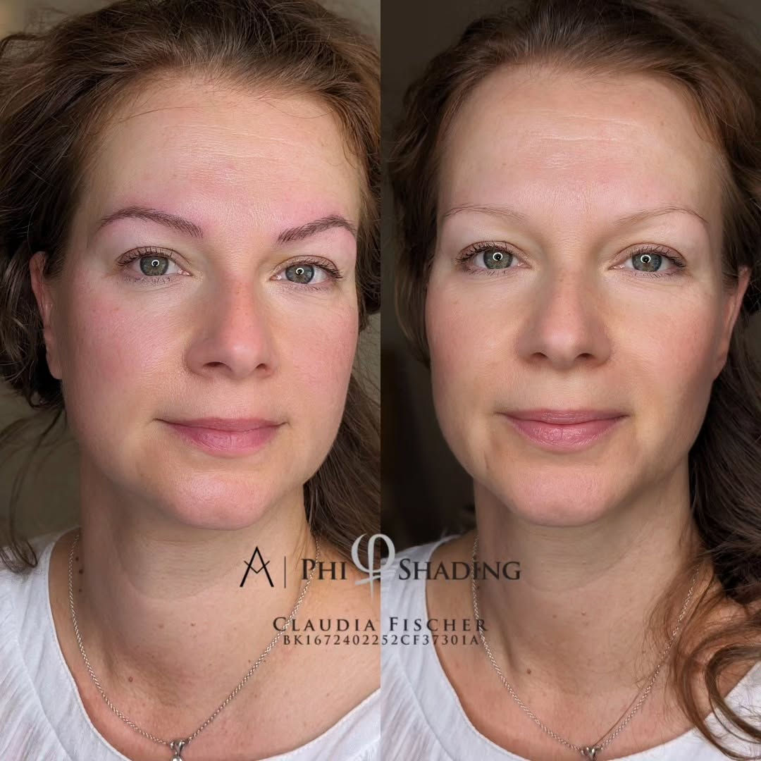 Vorher-Nachher: Powderbrows, frisch pigmentiert – gleichmäßige, volle Augenbrauen